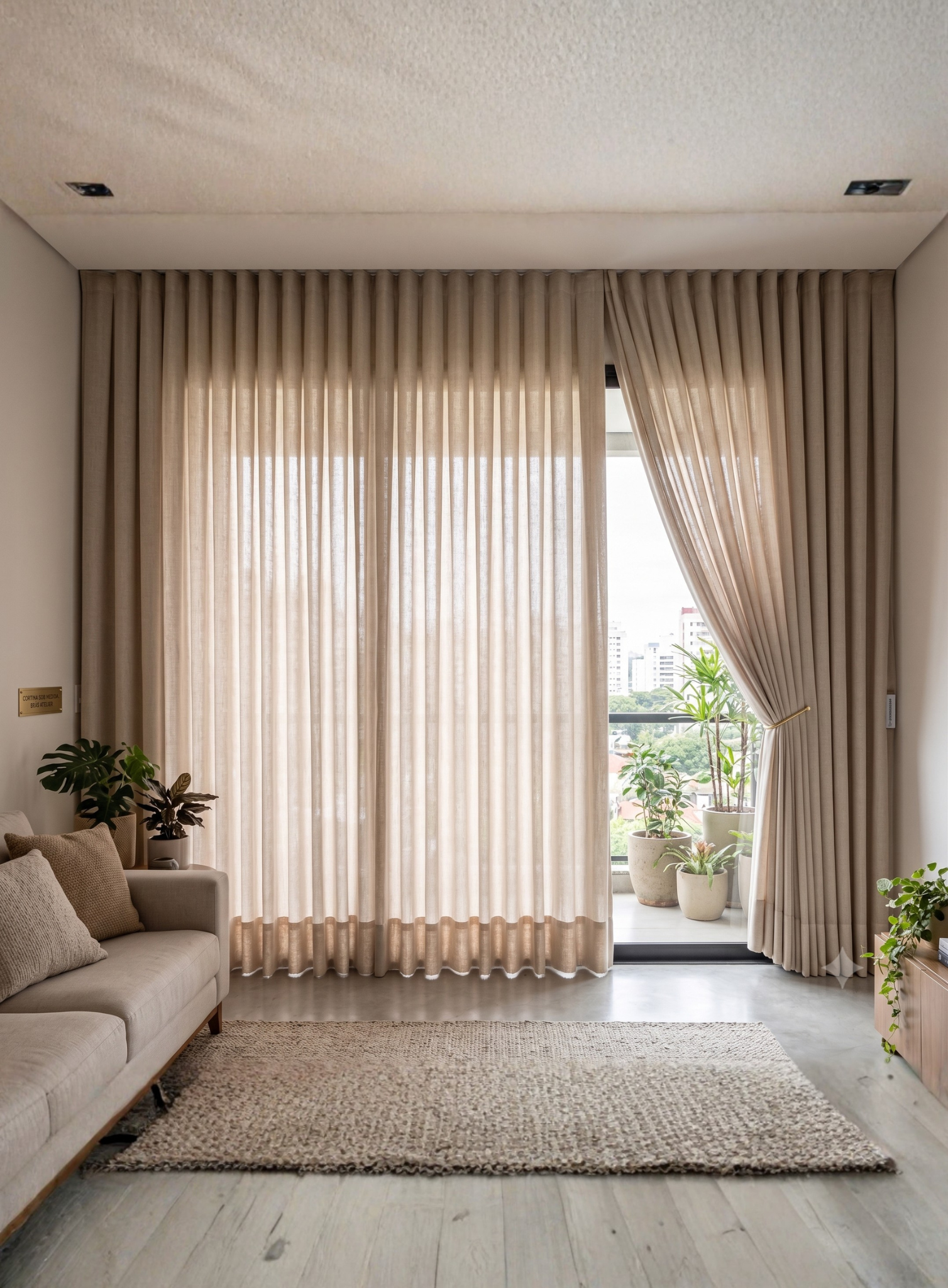 Cortina de linho sob medida instalada em sala de apartamento