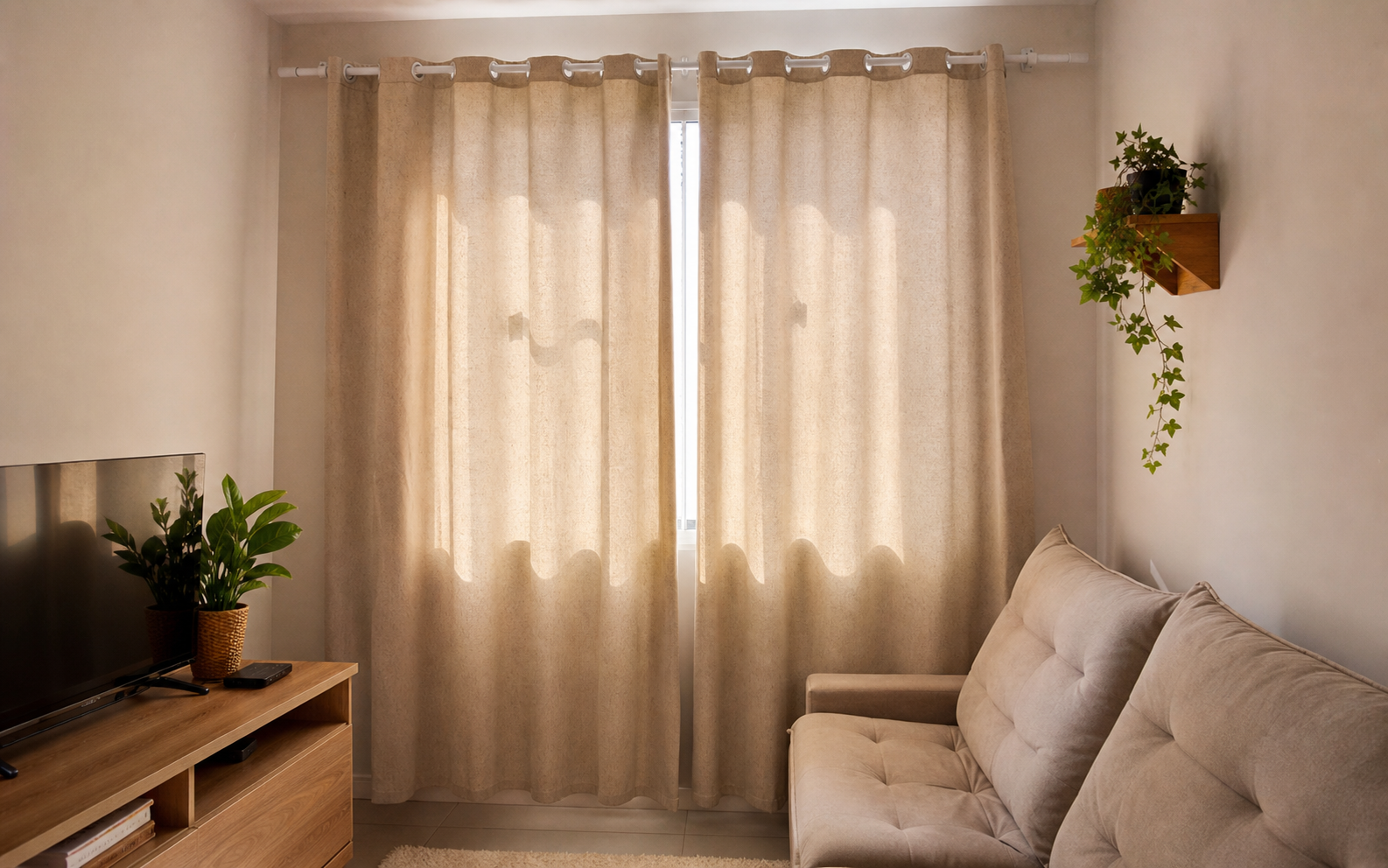Cortina bege pronta entrega instalada em sala de apartamento